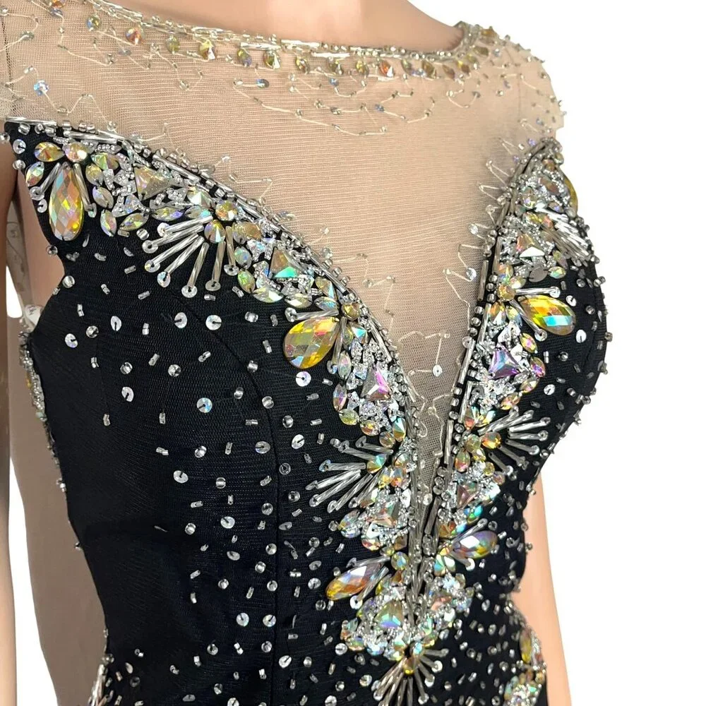 Panoply Black Rhinestone Embellished Mesh Illusion Gown Size 6 W Sheer Neckline - Picture 3 of 13